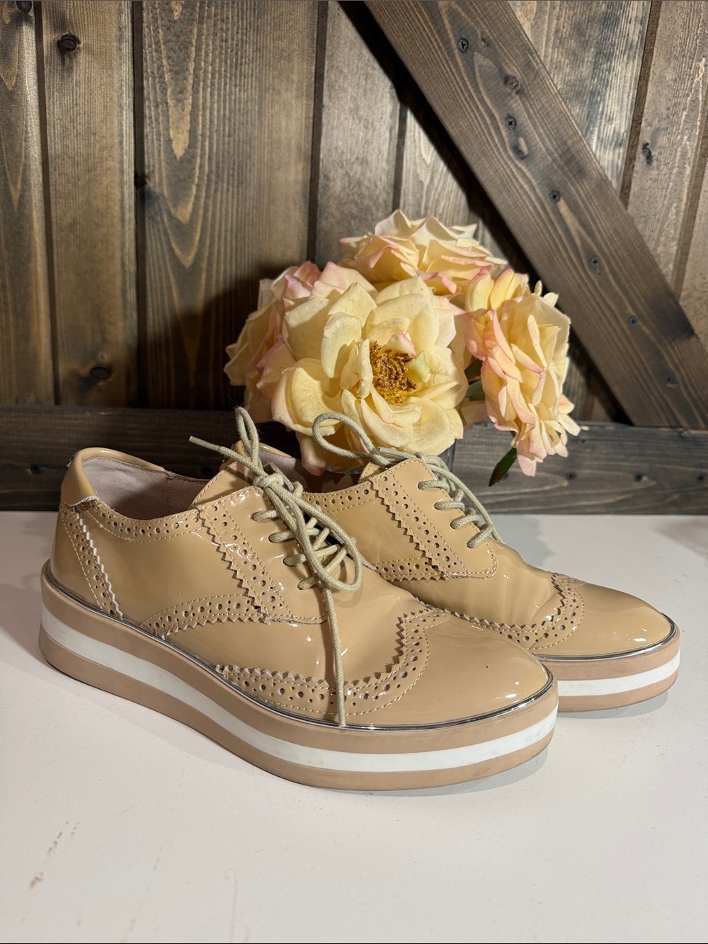 Glossy Beige Lace-Up Platform Brogue Boots
